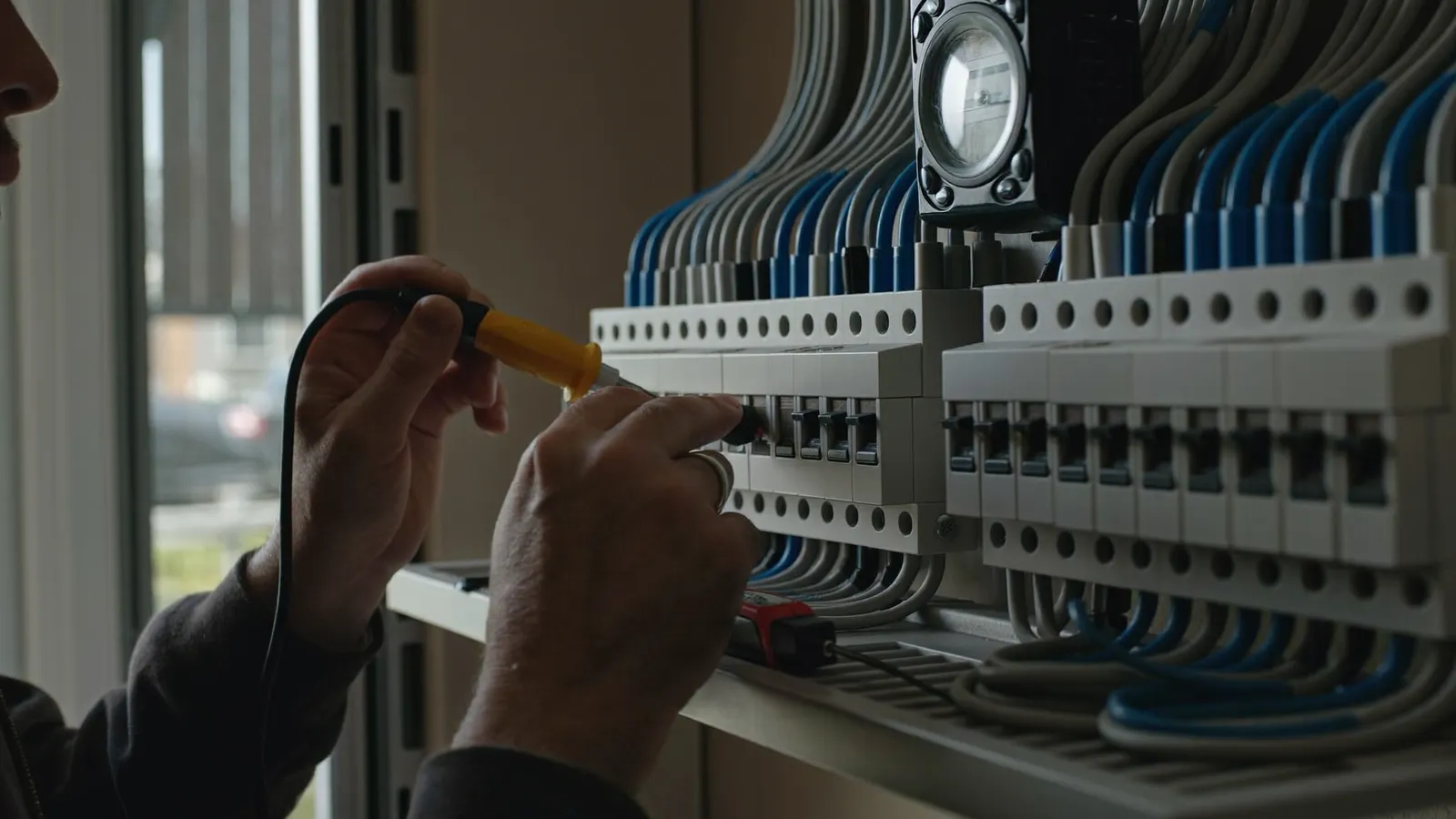 Elektricien sluit bekabeling aan op een zekeringkast vol automaten en differentieelschakelaars