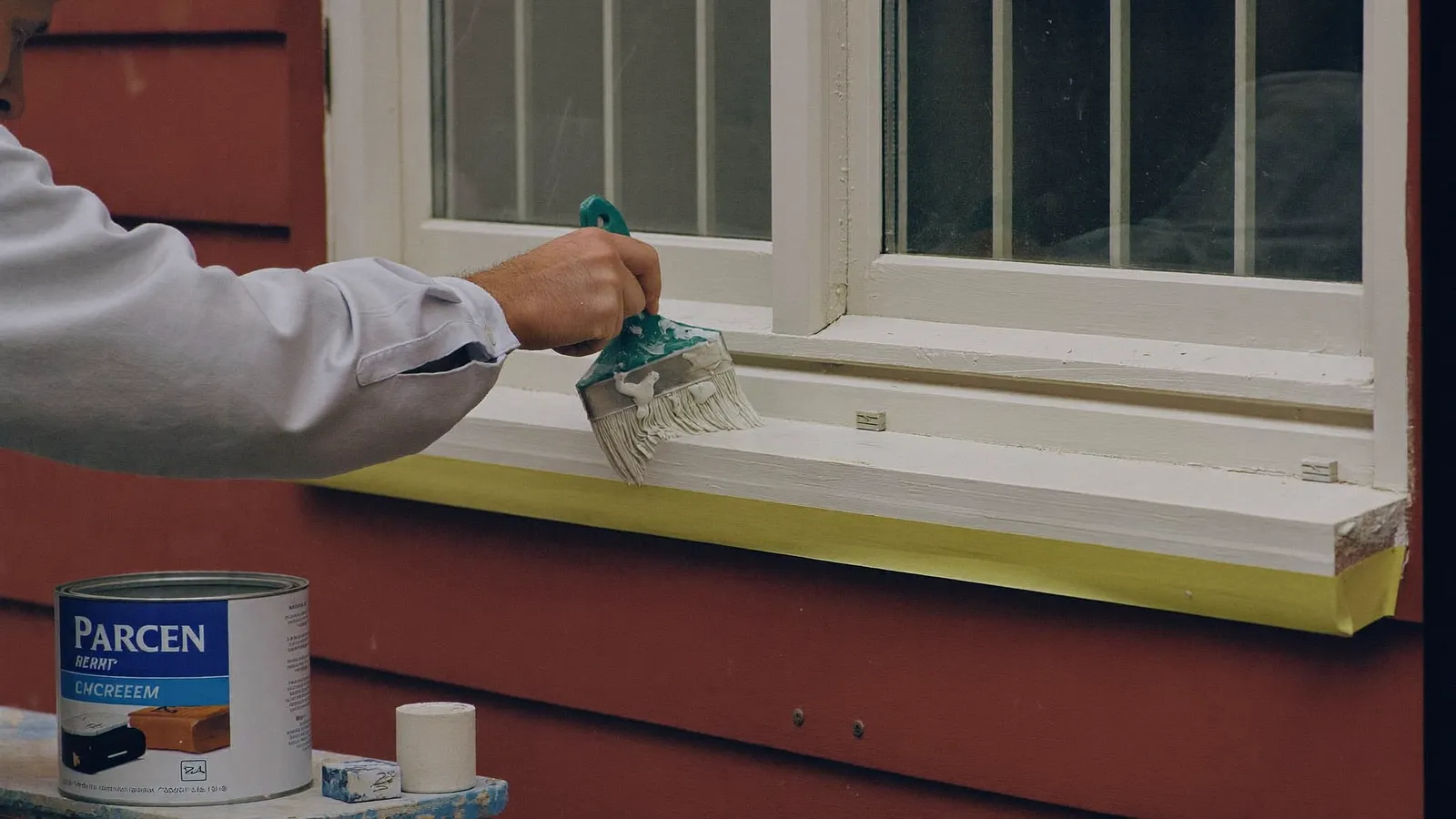 Schilder werkt het houten kader van een raam af in een bakstenen gevel, met afplaktape langs het glas