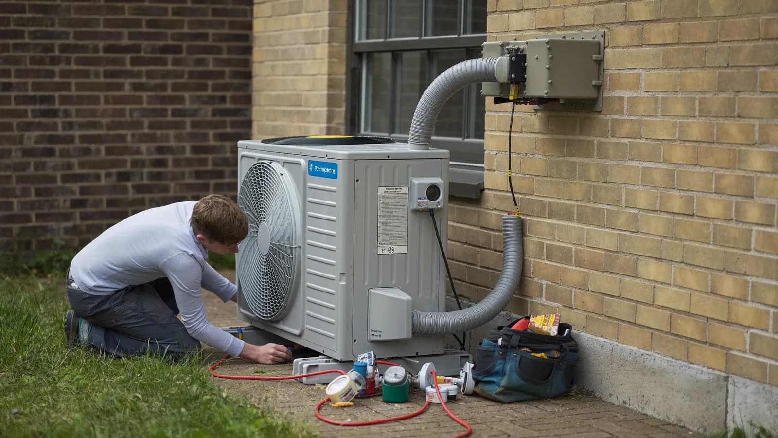 Installateur monteert de buitenunit van een lucht-waterwarmtepomp tegen de zijgevel van een woning